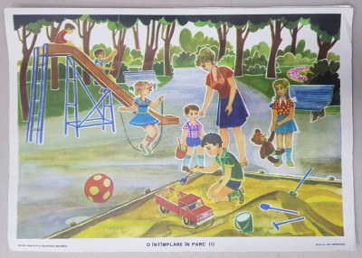 O INTAMPLARE IN PARC I , PLANSA DIDACTICA , grafica de GH. CERNAIANU , 1981 foto