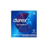 Prezervative DUREX Classic Regular Fit, din latex, lubrifiate și rezistente, diametru 56 mm, 1 cutie x 3 buc