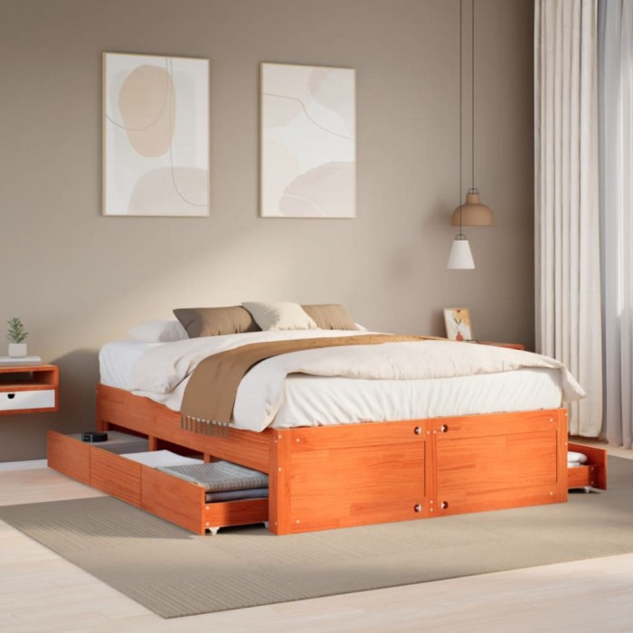 vidaXL Cadru pat fără saltea/cu sertare maro 140x190 cm lemn masiv pin 3308818
