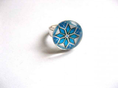 Inel sticla reglabil cu motiv traditional, inel culoare bleu 29760 foto
