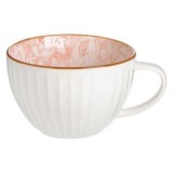 Cană mare ceramică albă cu dungi și interior somon floral, 480ml, CMCLASS