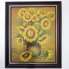 Pictura in ulei - vaza cu floarea soarelui - semnata Haloiu - rama din lemn