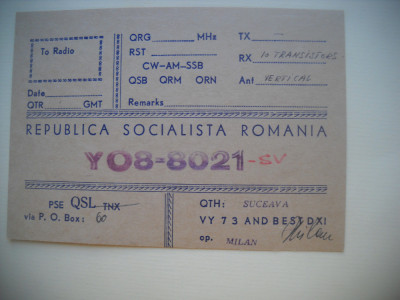 HOPCT 75209 SUCEAVA -RSR -CARTE POSTALA QSL RADIOAMATOR/RADIOAMATORI-CIRCULATA foto