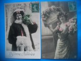 HOPCT 1709 FEMEI..FEMEI-TCV-ROMANTICA-FRANTA-LOT 2 CARTI POSTALE VECHI-CIRCULATE