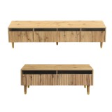 Set mobilier LED modern, comodă TV cu 4 uși &amp; masă de cafea cu 2 sertare, 178x35x45+110x50x40 cm, Culoare naturală