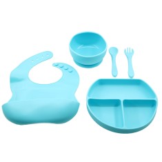 Set 5 piese diversificare bebelusi si copii din silicon, baveta, farfurie cu ventuza, bol cu ventuza, tacamuri, fara alergeni, albastru