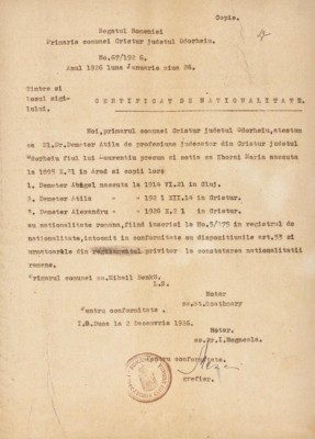 Certificat de naţionalitate pentru judecătorul Demeter Attila din 1926 foto