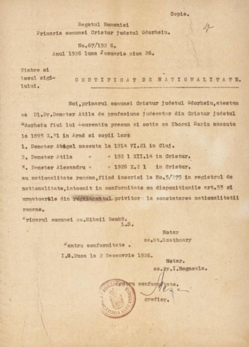 Certificat de naţionalitate pentru judecătorul Demeter Attila din 1926