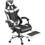 Scaun Gaming, Ergonomic din piele ecologica, Spate inalt, Suport lombar, Suport pentru picioare si tetiera rectractabila, Alb/Ne, Oem