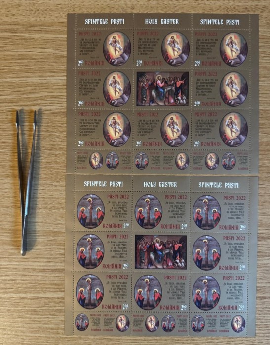 Sfintele Pasti 2022, minicola de 8 timbre, 1 vinieta si 3 tabsuri LP 2361d