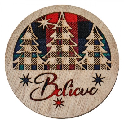 Suport Pahare Crăciun, Model Brazi, Mesaj Believe, Multicolor, Lemn, 10cm foto
