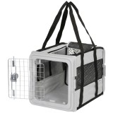 PawHut Geantă de Transport Moale Pliabilă pentru C&acirc;ini de Talie Mică și Pisici, cu Bază Rigidă și Ferestre din Plasă, 49,5x34x35,5 cm, Gri | Aosom Rom