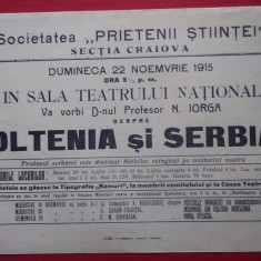 Afiș Conferință Nicolae Iorga : OLTENIA ȘI SERBIA - 1915