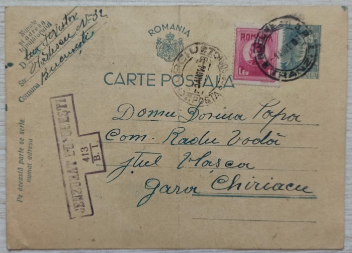 Carte postala circulata Cenzurat Bucuresti 413, 1944