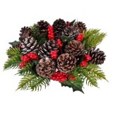 Decor de masa Craciun, coronita artificiala tip inel pentru lumanari, decorata cu fructe si conuri, diametru 24 cm, verde / rosu