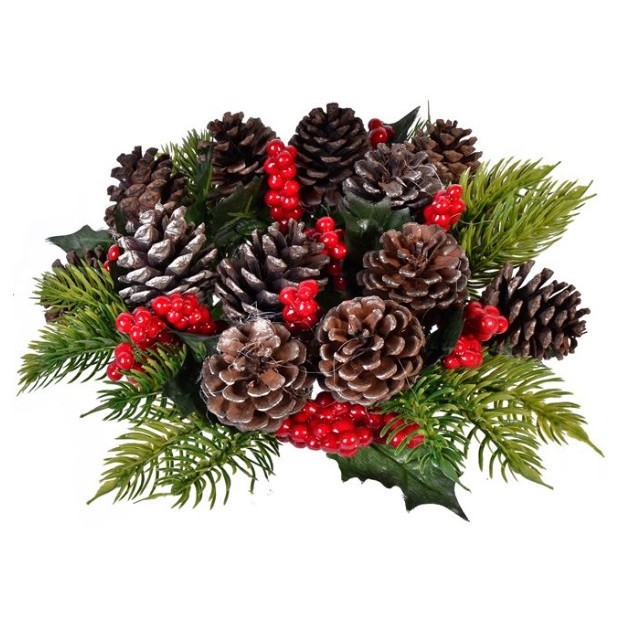 Decor de masa Craciun, coronita artificiala tip inel pentru lumanari, decorata cu fructe si conuri, diametru 24 cm, verde / rosu
