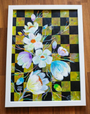Tablou pictat manual pictura acrilica &amp;quot;Checkered Flowers&amp;quot; foto