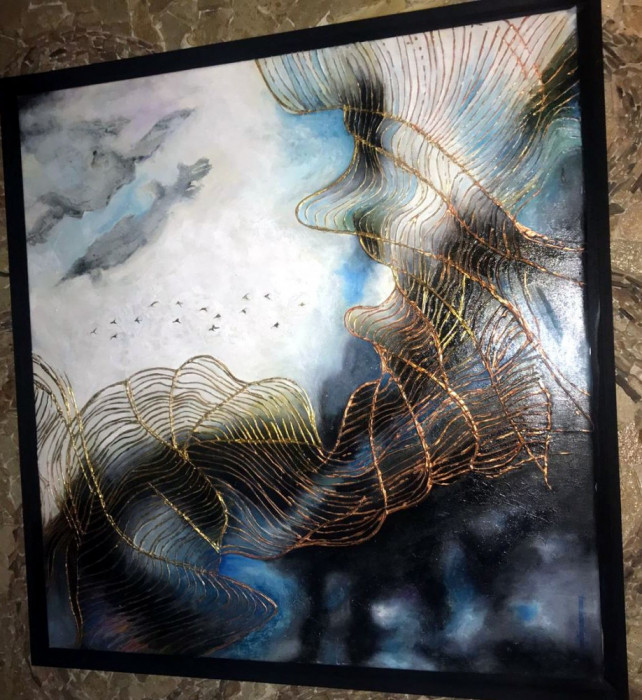 Tablou abstract, pictura cutit placata cu foita tablou, 93X95 cm abstract modern