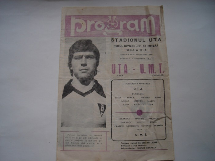 Program UTA Arad - U.M.T. Timisoara, 7 septembrie 1980/1981