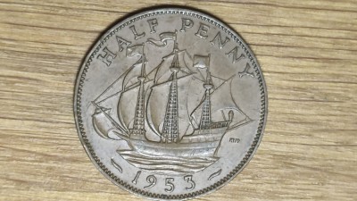 R10 Anglia Marea Britanie - moneda an unic - 1/2 half penny 1953 XF+ - calitate ! foto