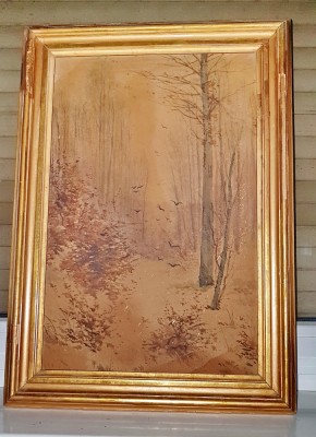 F363-Tablou acuarela vechi peisaj de padure cu pasari in zbor. foto
