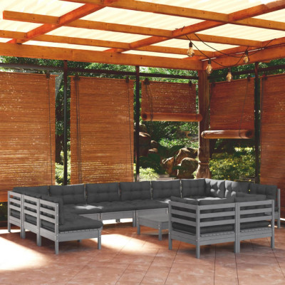 vidaXL Set mobilier de grădină cu perne, 13 piese, gri, lemn masiv pin foto