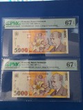 2 Bancnote 5000 lei 1998 filigran BNR Mic/Vertical consecutive in grad PMG 67 EPQ