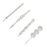 Set Agrafe Păr, 4 Bucăți, Argintii, Cu Strass, Mărgele și Flori, 6 cm