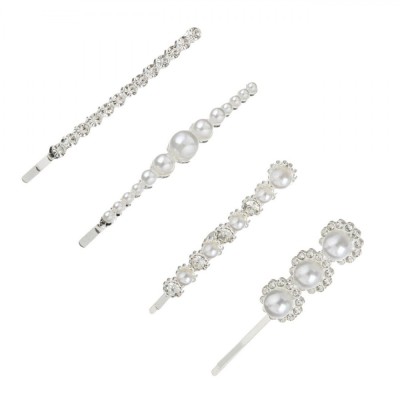 Set Agrafe Păr, 4 Bucăți, Argintii, Cu Strass, Mărgele și Flori, 6 cm foto