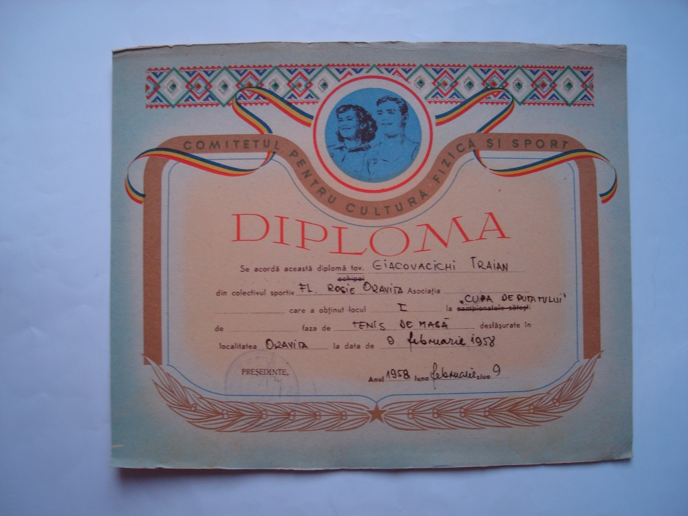Diploma Comitetul pentru Cultura Fizica si Sport, tenis de masa, 1958 |  Okazii.ro