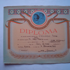 Diploma Comitetul pentru Cultura Fizica si Sport, tenis de masa, 1958