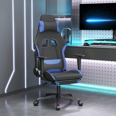 Scaun de gaming cu suport picioare, negru și albastru, textil foto