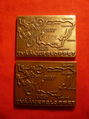 2 Plachete Ciclism 1978-1986 Suedia ,argintata si bronz ,dim.= 5x2,5 cm foto