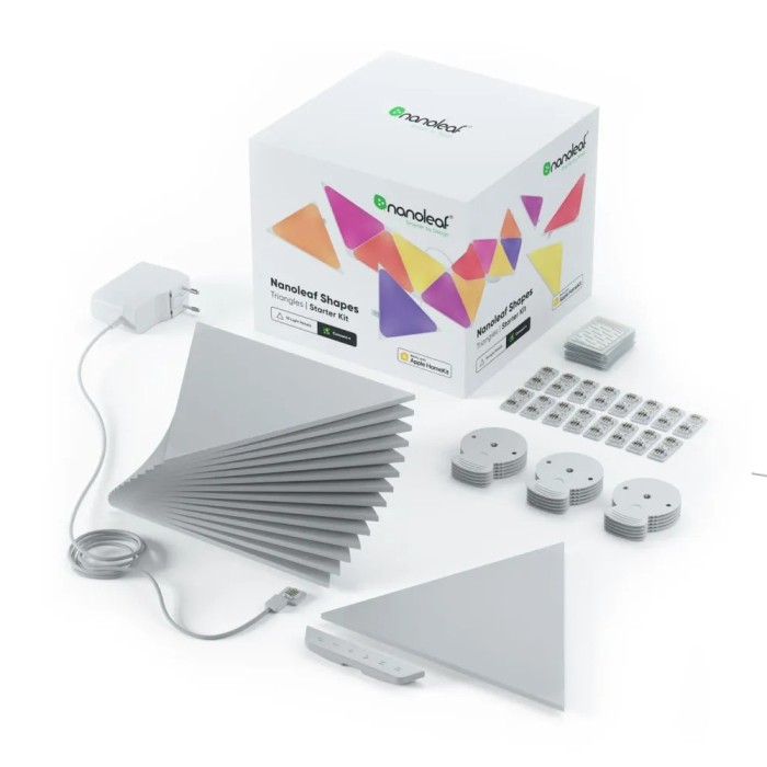 Kit 15 Panouri luminoase Nanoleaf Shapes Triangles, Iluminare LED RGBW, Senzor muzica, Cablu 2.5 m, Compatibil cu asistenti vocali SmartElectro Intell