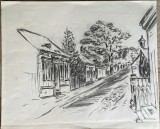 Lucrare Marius Bunescu, cărbune pe carton subțire, peisaj urban / citadin la Constanta, 33 x 27 cm, artist roman