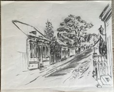 Lucrare Marius Bunescu, cărbune pe carton subțire, peisaj urban / citadin la Constanta, 33 x 27 cm, artist roman foto