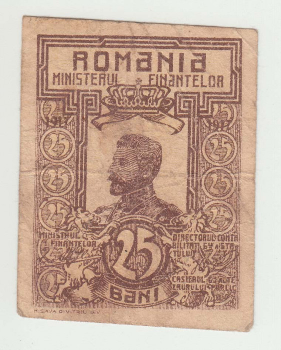 ROMANIA - 25 BANI 1917 FERDINAND I , DECUPARE GRESITA, B1..85