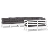 Set mobilier de gradina cu perne, 8 piese, alb, lemn masiv pin