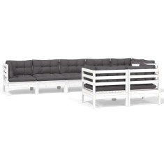 Set mobilier de gradina cu perne, 8 piese, alb, lemn masiv pin