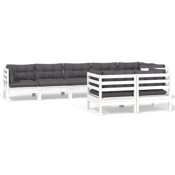 Set mobilier de gradina cu perne, 8 piese, alb, lemn masiv pin