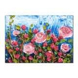 Tablou trandafiri pictat manual, 45x30cm acril in cutit efect 3D, gata de expus pe perete