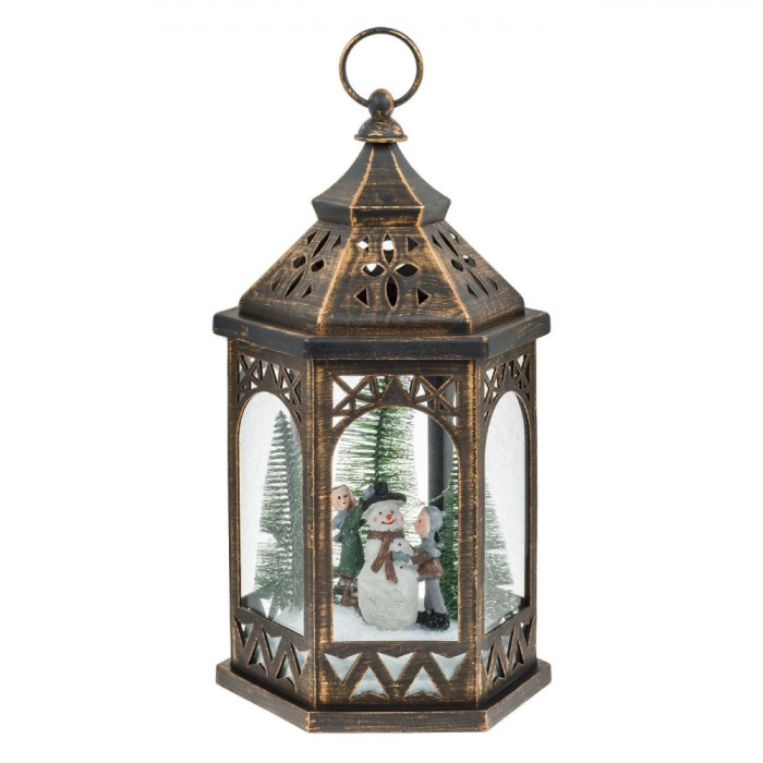 Felinar Suspendabil Cu LED, Model Bronz, Brad &Icirc;nzăpezit, Copii și Moș Crăciun, 18x16x34cm