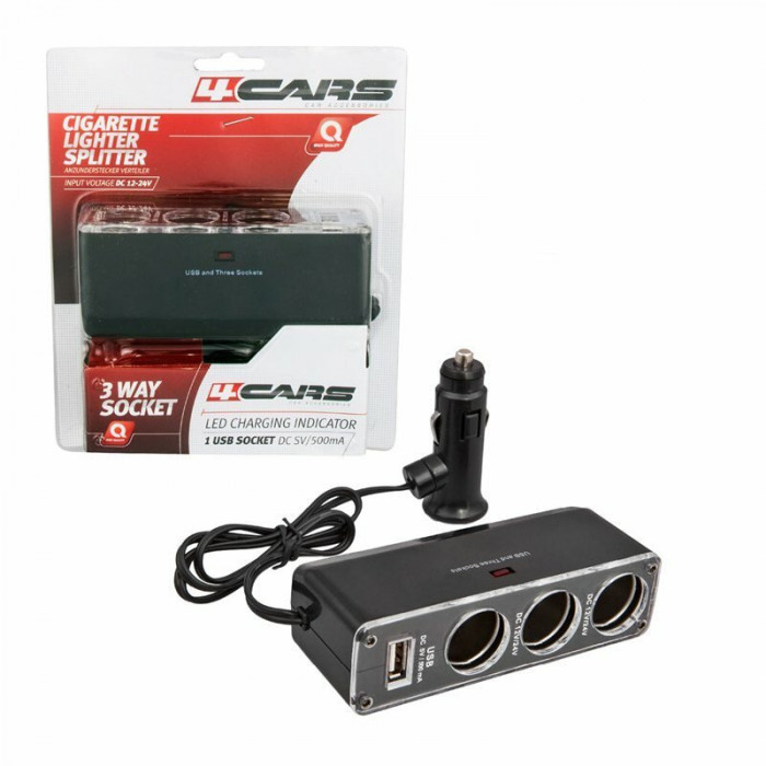 Priza tripla bricheta cu USB si cablu prelungitor 12/24V 4Cars 4C93916