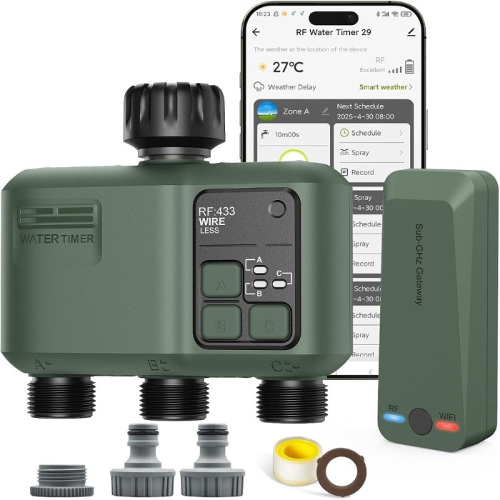 Programator WiFi Irigare 3 Iesiri, Control Aplicatie, Automat/Manual, Rezistent la Apa, Alexa/Google, Senzor Exterior, Verde/Negru