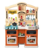 Cumpara ieftin Bucatarie pentru copii WePro Store, lumini si sunete reale, functie de apa curgatoare si abur, 77 accesorii de gatit, Portocalie, 3 ani +