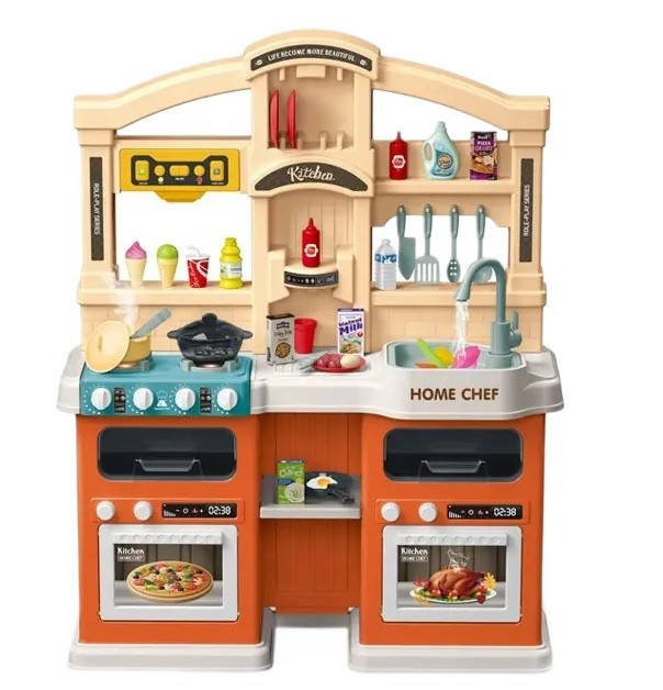 Bucatarie pentru copii WePro Store, lumini si sunete reale, functie de apa curgatoare si abur, 77 accesorii de gatit, Portocalie, 3 ani +