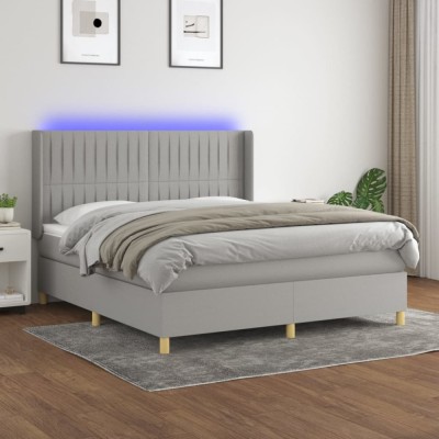 vidaXL Pat cu arcuri, saltea și LED, gri deschis, 160x200 cm, textil 3139045 foto