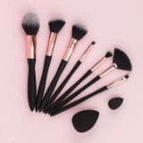 Set Pensule Machiaj si Bureti, 9 buc, Negru cu Detalii Roz Aurii, CMCLASS