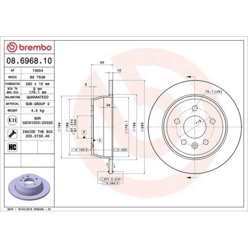 Set disc frana Mercedes V-Class (638/2) 02.96-07.03, Vito Box (W638) 03.97-07.03, Vito Bus (W638) 02.96-07.03, Spate, 280X10mm, plin, BREMBO