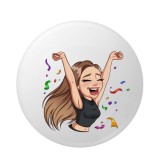 Cumpara ieftin Insigna rotunda model fata vesela cu confetti, design animat expresiv, 58 mm, prindere cu ac